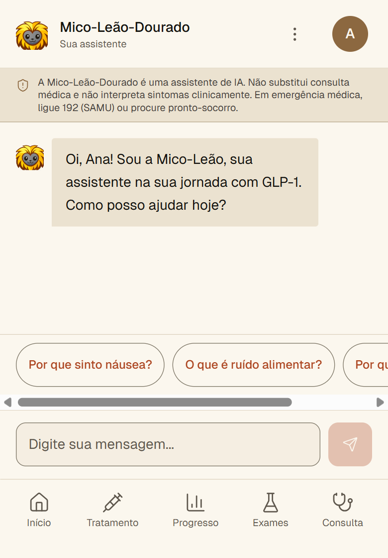 Tela inicial do chat da Mico-Leão, com sua apresentação e campo para escrever. Dados fictícios.