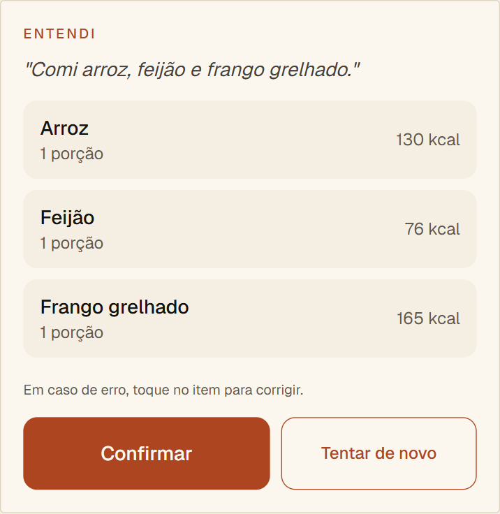 Tela de confirmação de uma refeição, com itens para conferir ou corrigir antes de salvar. Dados fictícios.