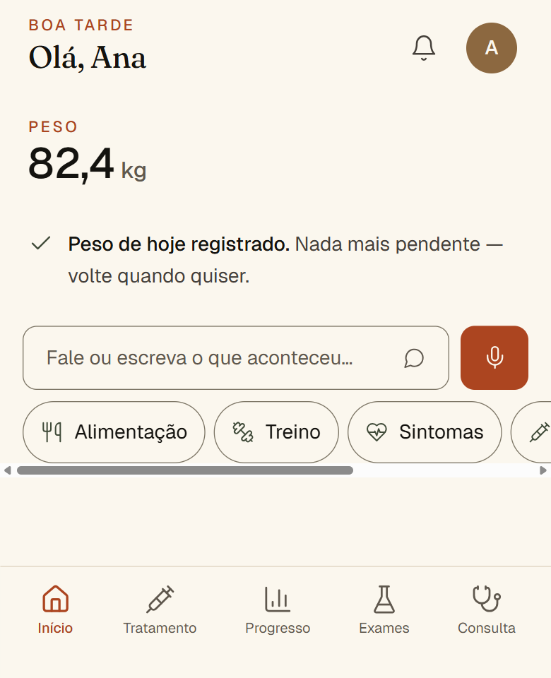 Tela inicial da Tamarin, com o peso registrado e atalhos para alimentação, treino e sintomas. Dados fictícios.