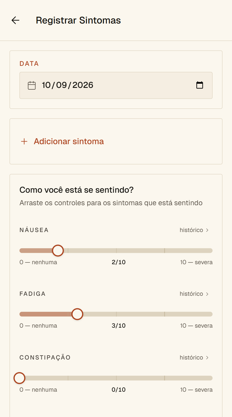 Tela de registro de sintomas, com controles de intensidade. Dados fictícios.
