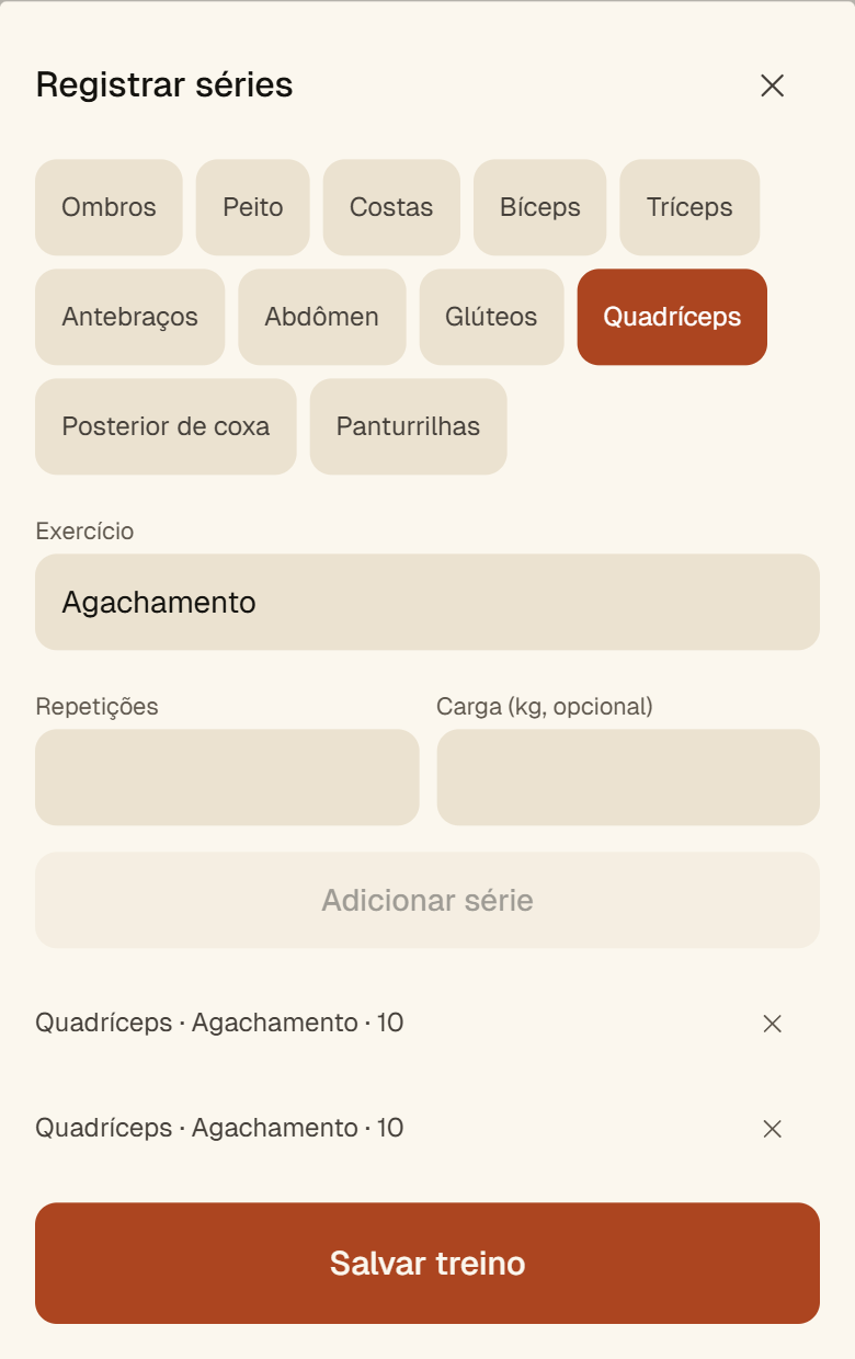 Tela de registro de séries, exercícios e repetições, com duas séries fictícias de agachamento.