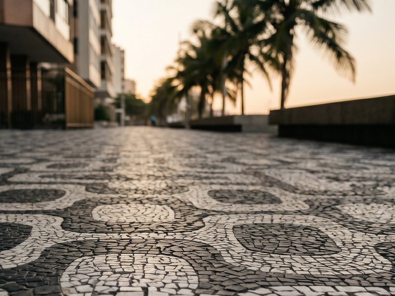 Calçadão de Ipanema com mosaico português em ondas paisley, perspectiva em direção ao horizonte.