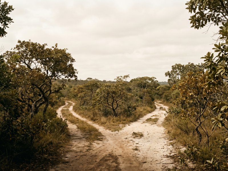 Bifurcação em trilha de cerrado brasileiro, dois caminhos igualmente convidativos sob céu nublado.
