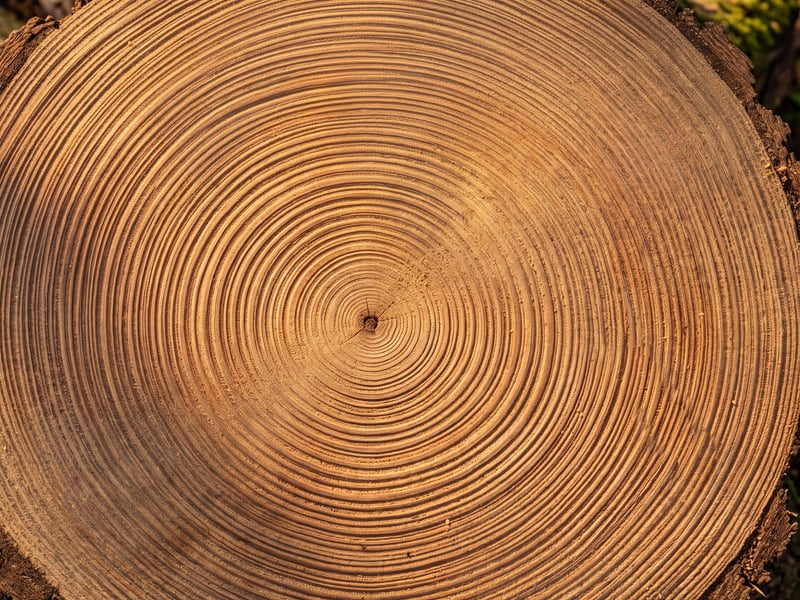 Corte transversal de tronco de árvore, anéis de crescimento concêntricos em torno da medula escura, casca irregular nas bordas e vegetação desfocada ao fundo.