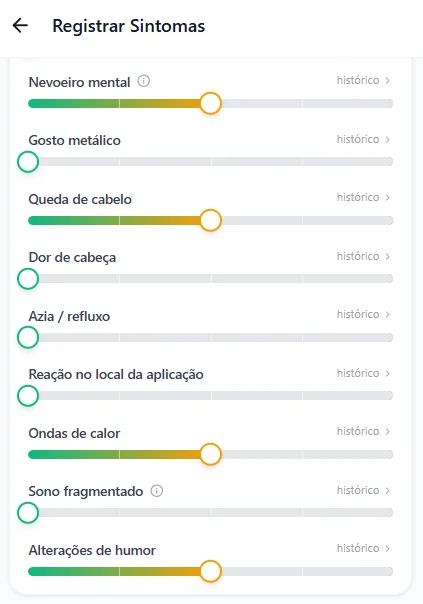 Tela do aplicativo Tamarin para registrar sintomas da perimenopausa: controles deslizantes para nevoeiro mental, gosto metálico, queda de cabelo, dor de cabeça, azia e refluxo, reação no local da aplicação, ondas de calor, sono fragmentado e alterações de humor.
