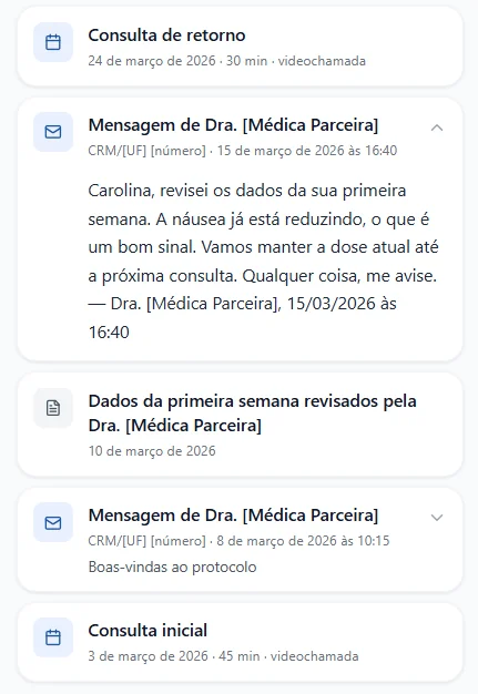 Tela do aplicativo Tamarin com a linha do tempo clínica das primeiras semanas: consulta inicial agendada, mensagem de boas-vindas ao protocolo, revisão dos dados da primeira semana pela médica parceira, recado da médica confirmando que a náusea está reduzindo, e consulta de retorno por videochamada agendada.
