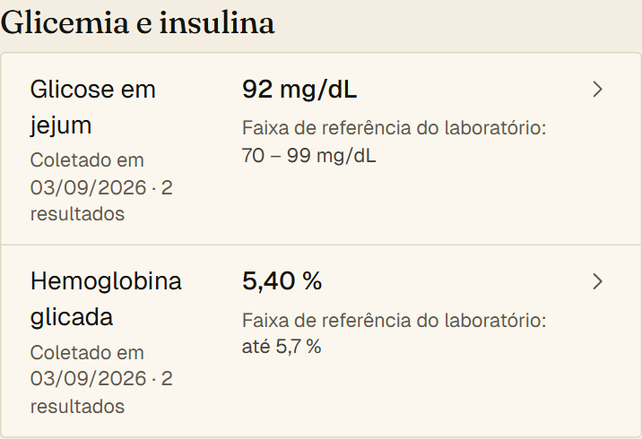 Resultados de exames no app: valores, datas e faixas do laboratório, com dados fictícios.