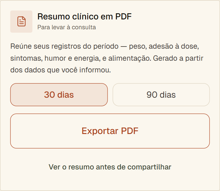 Tela do app para escolher o período, ler e exportar o resumo em PDF.