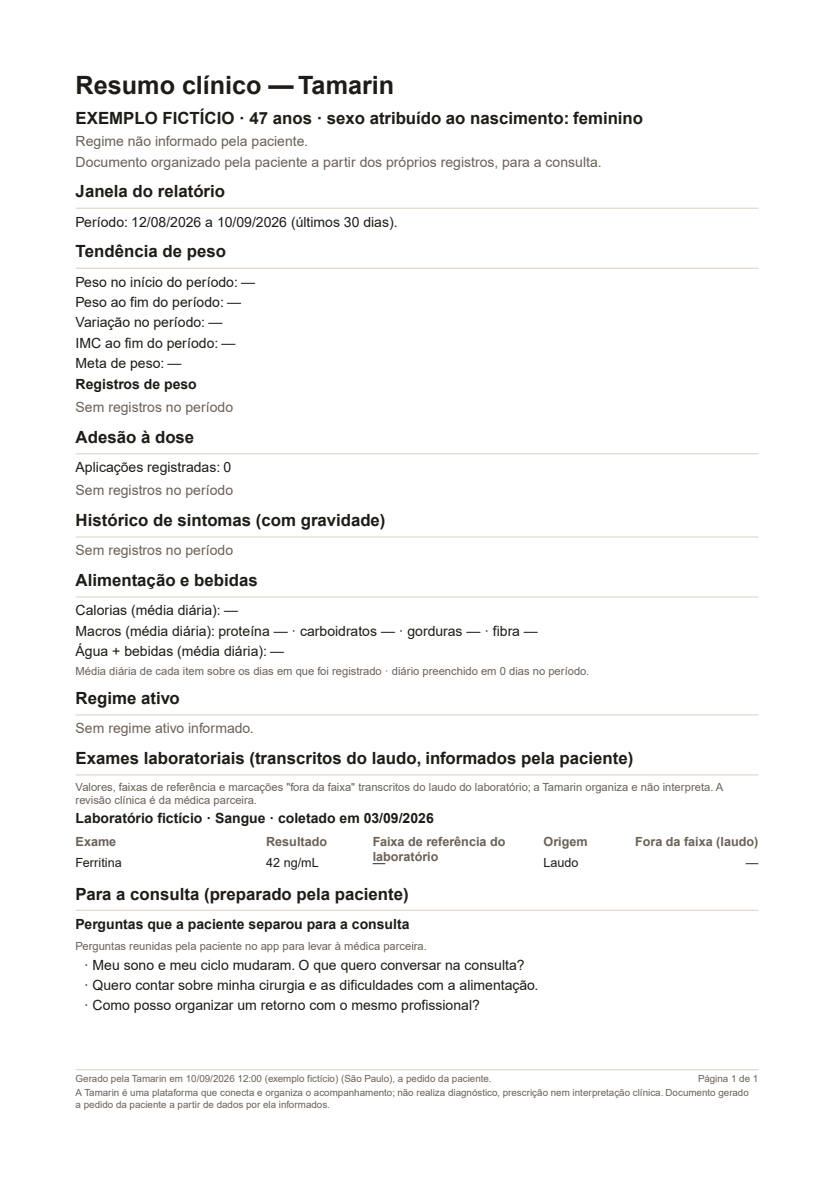 Página do PDF fictício com seções de registros, um exame e perguntas para a consulta. O texto está disponível no PDF completo.