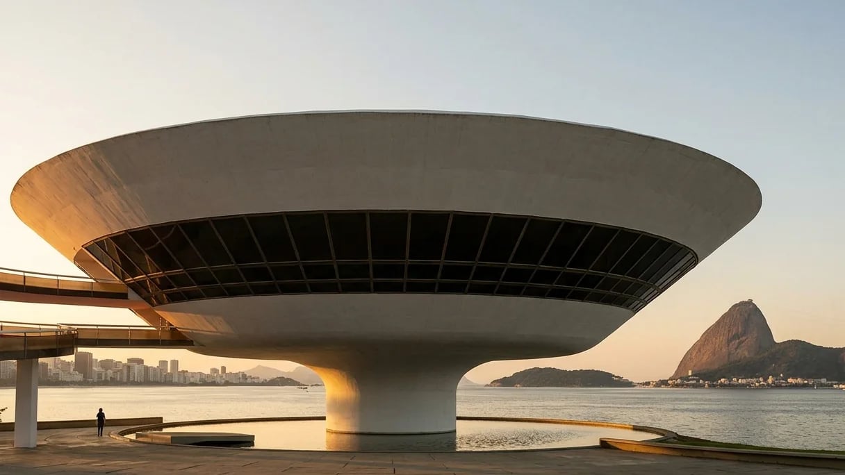 Museu de Arte Contemporânea de Niterói, projeto de Oscar Niemeyer, ao entardecer com a baía de Guanabara e o Pão de Açúcar ao fundo