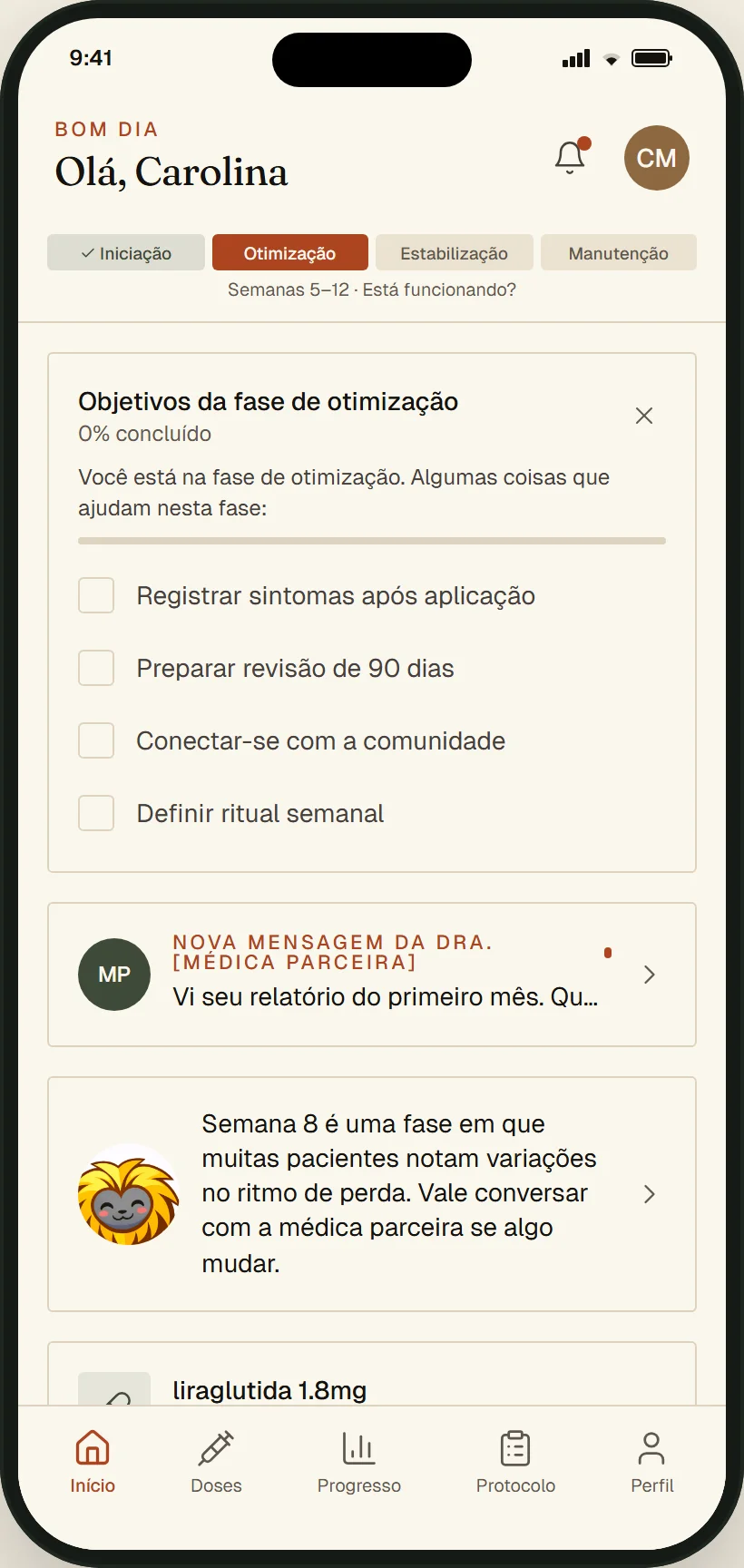 Tela do aplicativo Tamarin: início do dia.